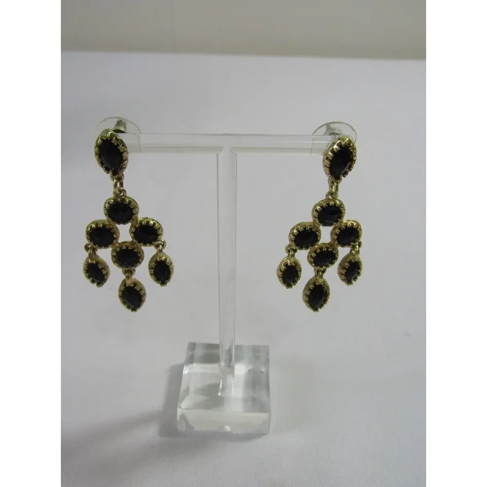 Black Bead Gold Tone Chandelier Dangly Earrings 2 1/4